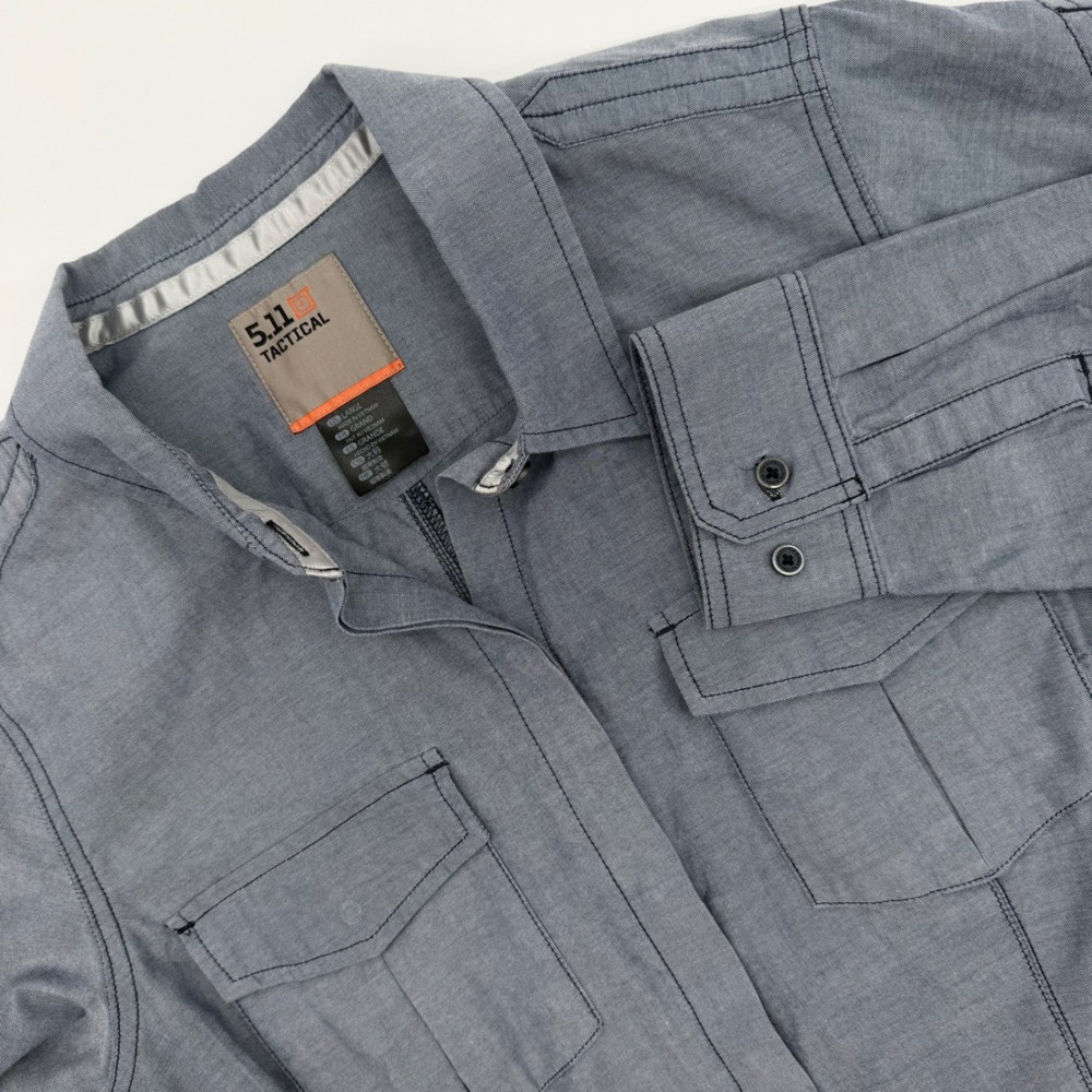 5.11 Tactical Womens Large Blue Grey Cotton Chambray Snap Front Utility Shirt‎